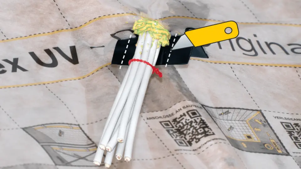 Po obou stranách svazku kabelů rozřízněte nožem lepicí pásky