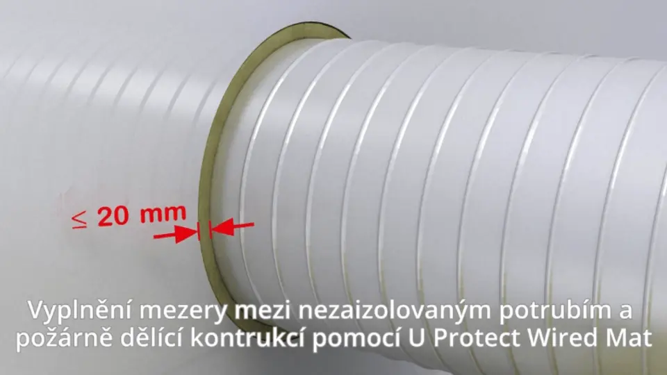 Vyplnění mezery mezi nezaizolovaným potrubím a požárně dělící konstrukcí pomocí U Protect Wired Mat