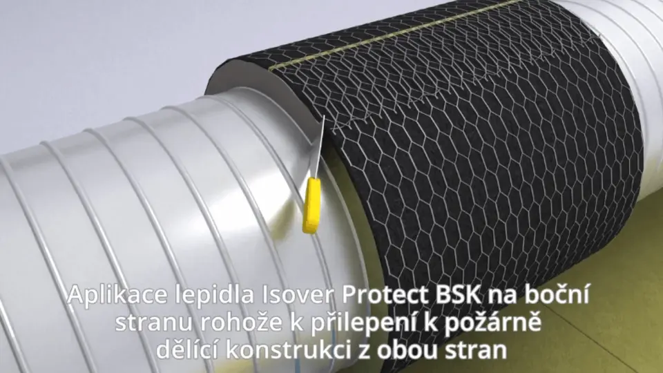 Aplikace lepidla Isover Protect BSK na boční stranu rohože k přilepení k požárně dělící konstrukci z obou stran.