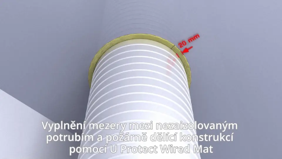 Vyplnění mezery mezi nezaizolovaným potrubím a požárně dělící konstrukcí pomocí U Protect Wired Mat.