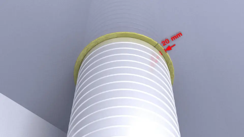 Vyplnění mezery mezi nezaizolovaným potrubím a požárně dělící konstrukcí pomocí U Protect Wired Mat.